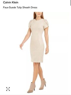 Calvin Klein pink suede-like faux leather sheath dress featuring tulip petal sle